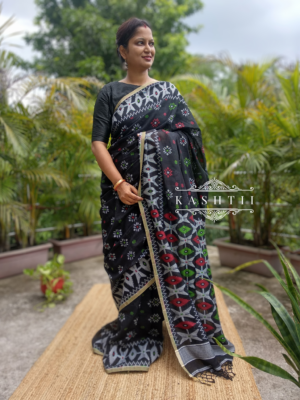 Black Handwoven Pure Cotton Jamdani Saree with Handloom Mark