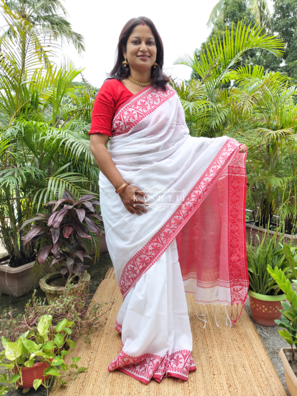 White and Red Bengali Saree