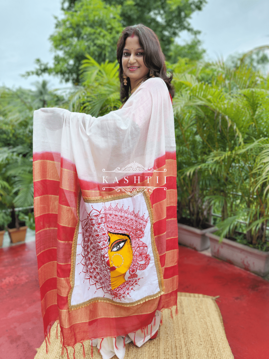 White color durga puja special pure viscose dola silk saree with zari  weaving work